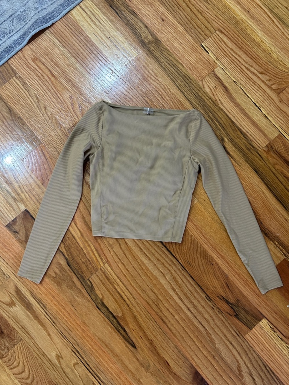 CALIA Long Sleeve Ribbed Boatneck Top in Taupe with built in bra